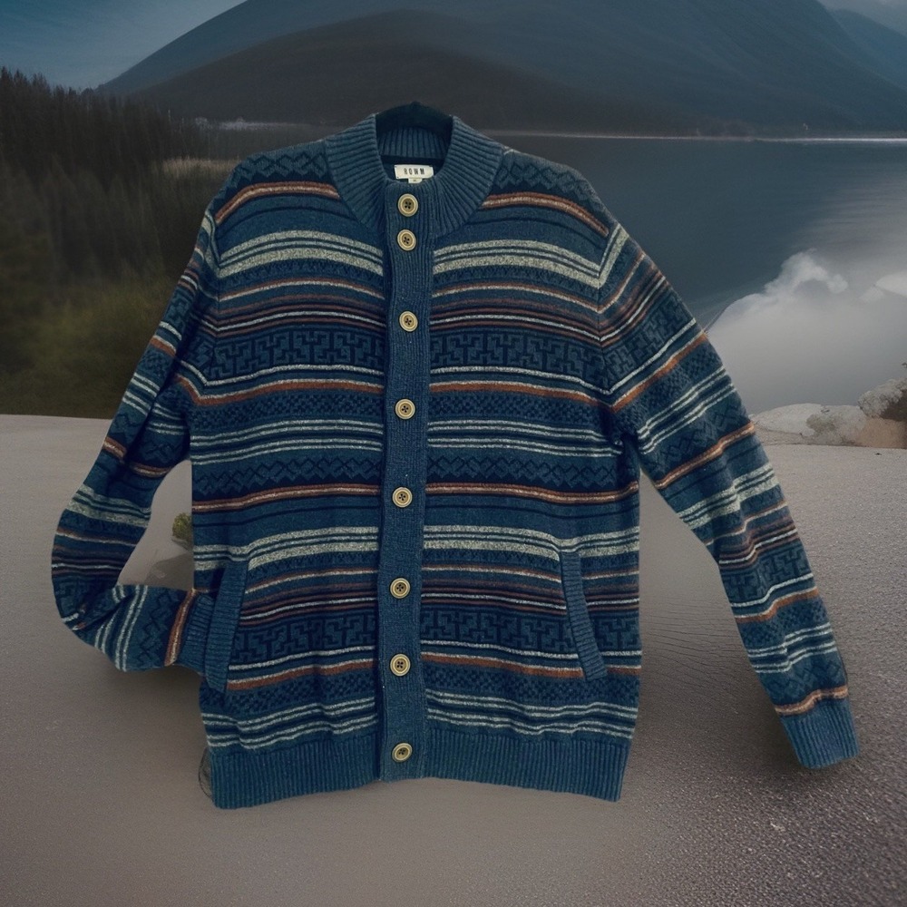 ROWM Sweater Mens XL Blue Aztec Geometric Button Cardigan Mock Neck Knit Pockets
